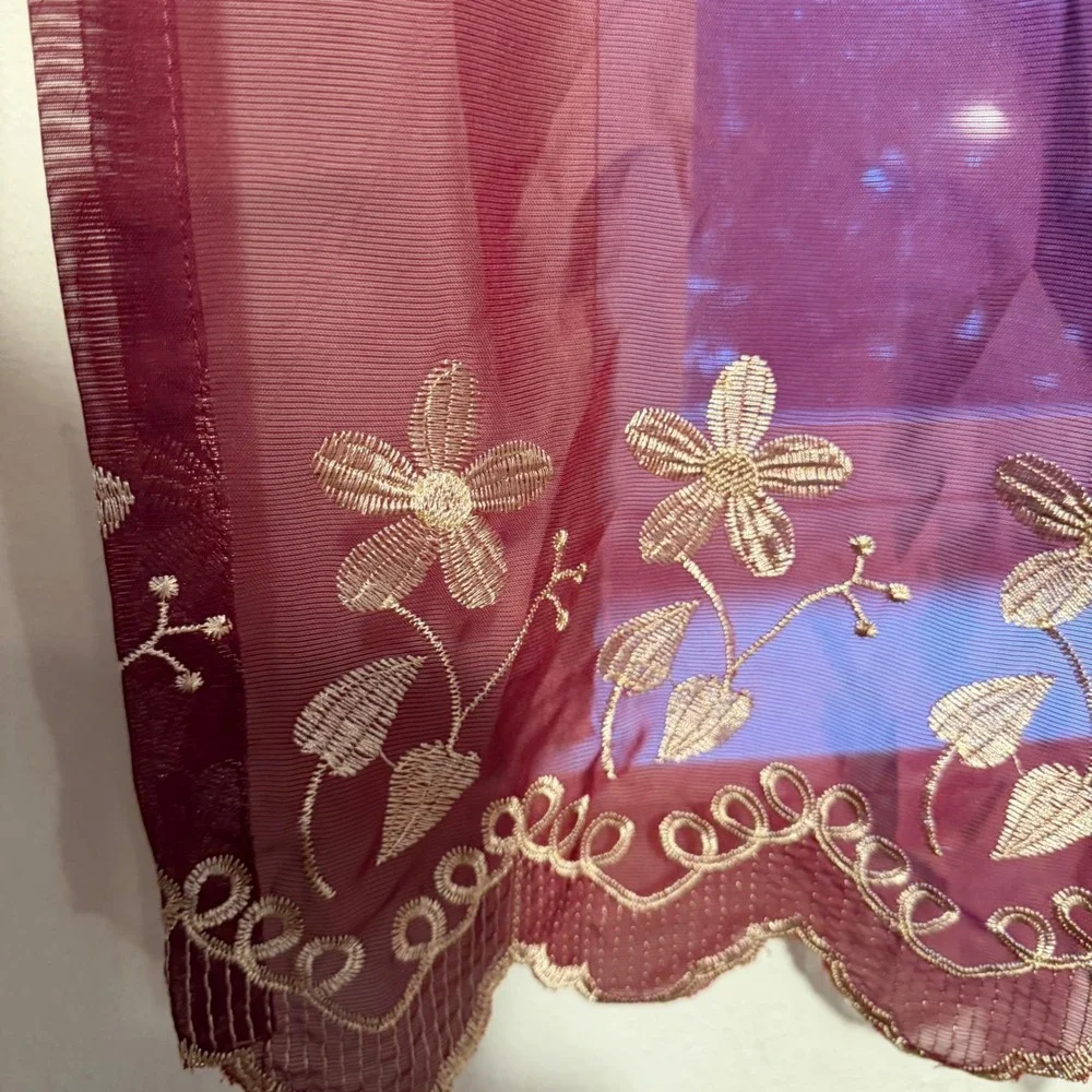 Vtg Burgundy Sheer Embroidered Curtains Set of 2 Lace Window Panels 66.5